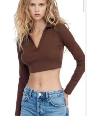 Zara Brown Ribbed Cropped  Long Sleeve Polo Top Size Medium Cotton